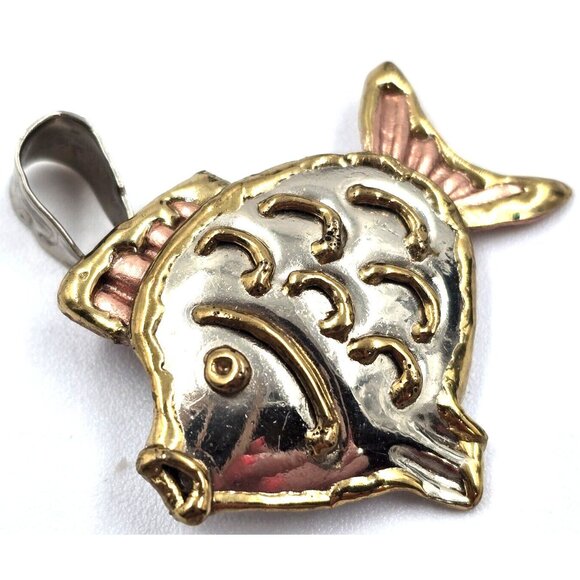 SJ Taxco Copper Angel Fish Necklace Pendant Tri Tone Metal Mexico 1.25" x 1.50" - Picture 5 of 5